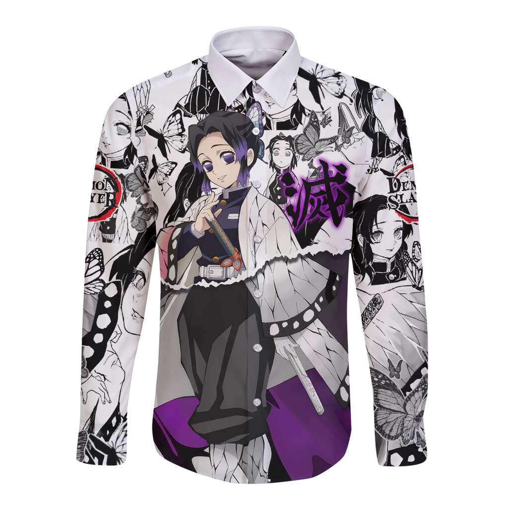 Shinobu Kocho Demon Slayer Butterfly Theme Long Sleeve Button Shirt with Purple Accents and Manga Collage Design - The Mazicc