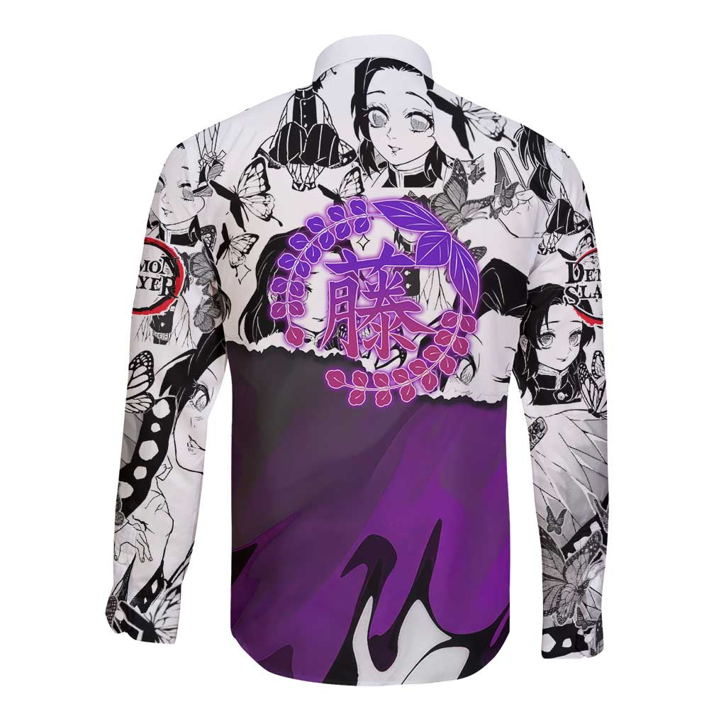 Shinobu Kocho Demon Slayer Butterfly Theme Long Sleeve Button Shirt with Purple Accents and Manga Collage Design - The Mazicc