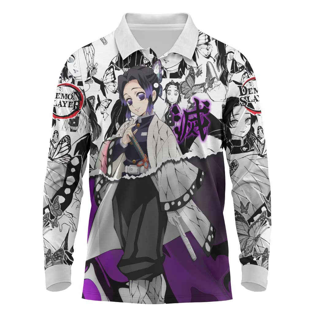 Shinobu Kocho Demon Slayer Butterfly Theme Long Sleeve Polo Shirt with Purple Accents and Manga Collage Design - The Mazicc