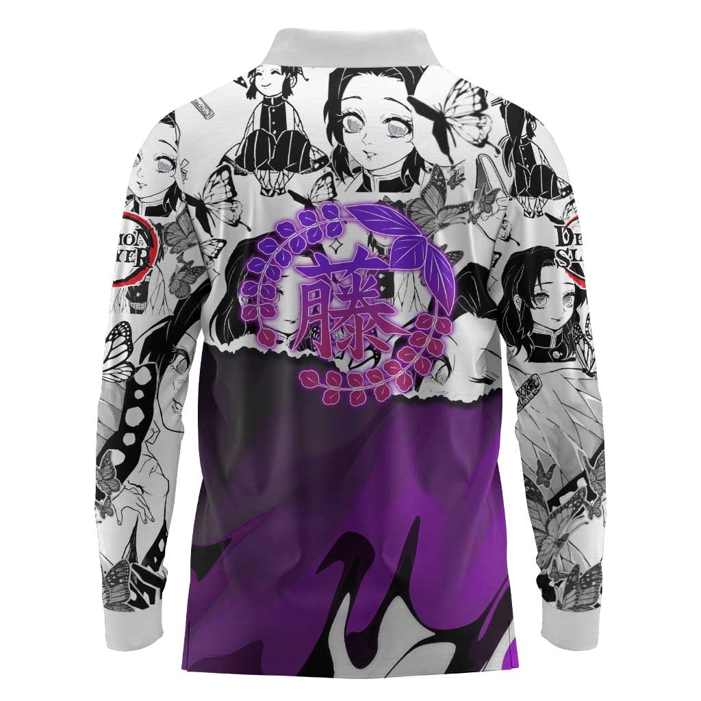 Shinobu Kocho Demon Slayer Butterfly Theme Long Sleeve Polo Shirt with Purple Accents and Manga Collage Design - The Mazicc