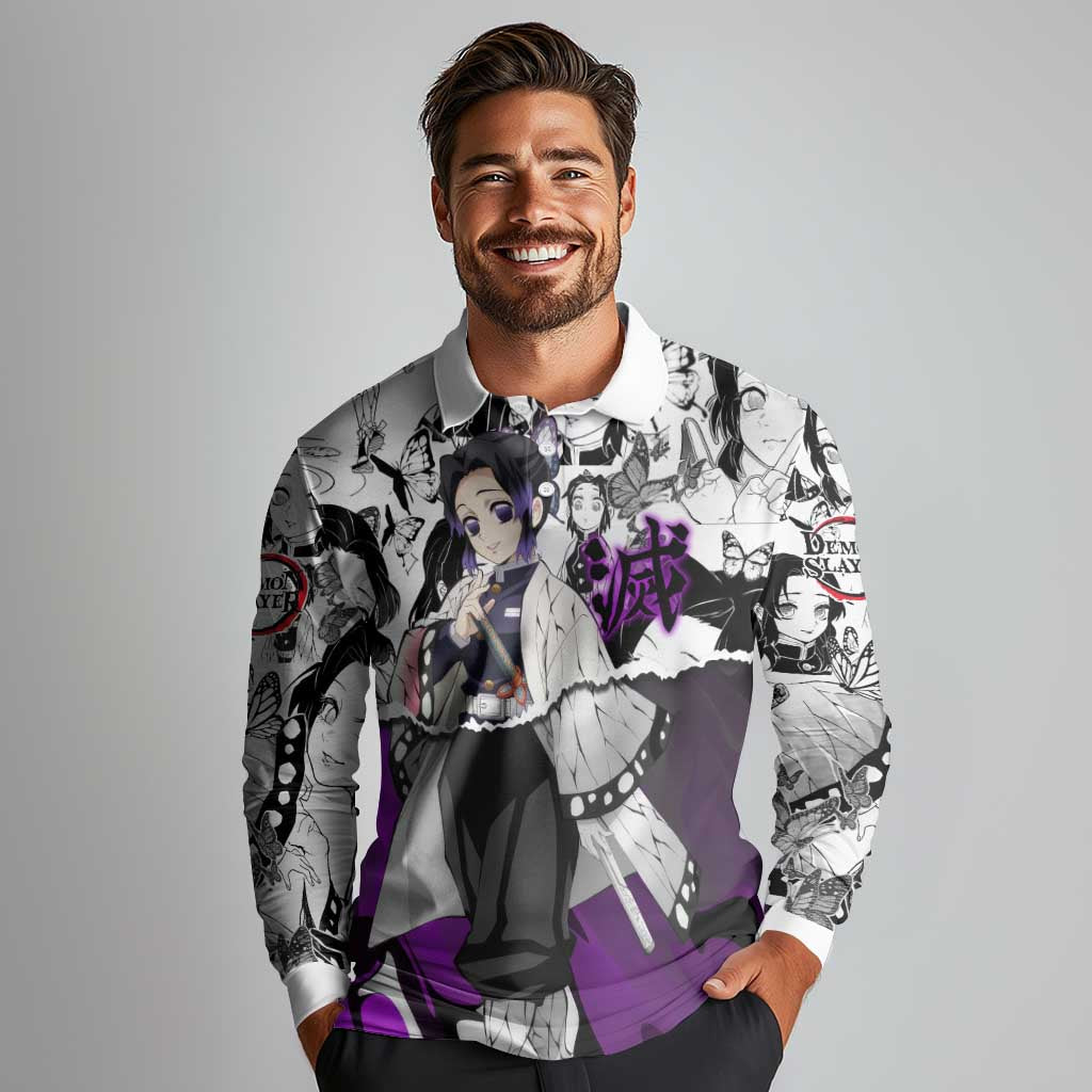 Shinobu Kocho Demon Slayer Butterfly Theme Long Sleeve Polo Shirt with Purple Accents and Manga Collage Design - The Mazicc