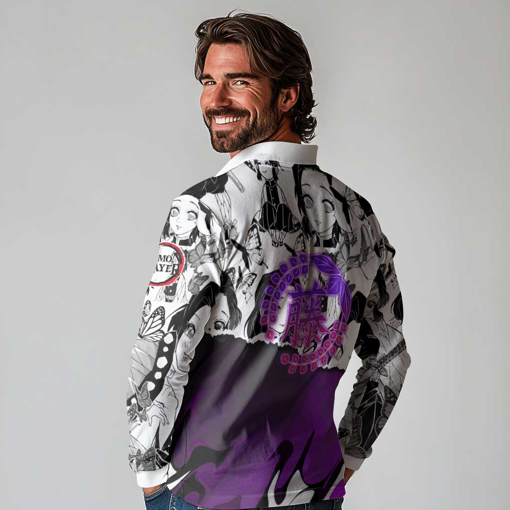 Shinobu Kocho Demon Slayer Butterfly Theme Long Sleeve Polo Shirt with Purple Accents and Manga Collage Design - The Mazicc