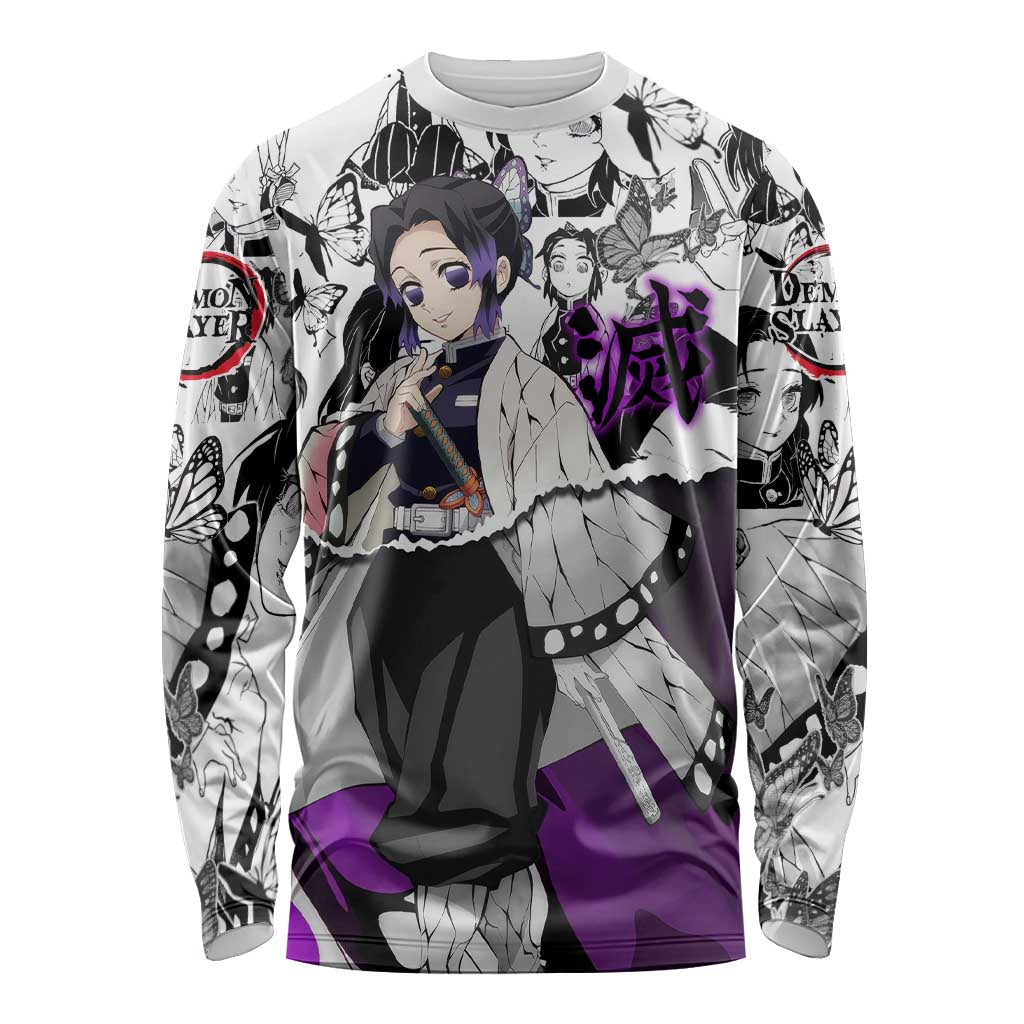 Shinobu Kocho Demon Slayer Butterfly Theme Long Sleeve Shirt with Purple Accents and Manga Collage Design - The Mazicc
