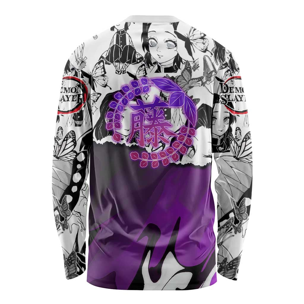 Shinobu Kocho Demon Slayer Butterfly Theme Long Sleeve Shirt with Purple Accents and Manga Collage Design - The Mazicc