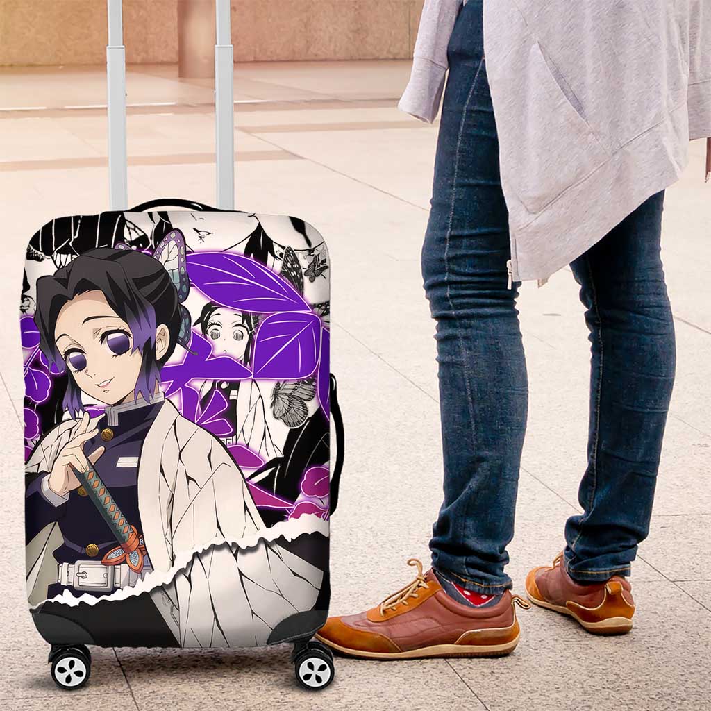 Shinobu Kocho Demon Slayer Butterfly Theme Luggage Cover with Purple Accents and Manga Collage Design - The Mazicc