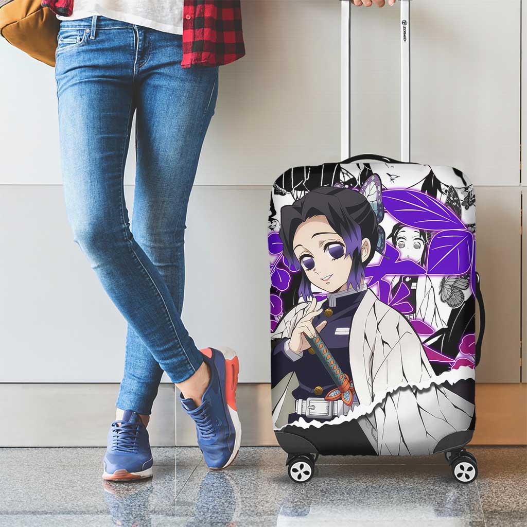 Shinobu Kocho Demon Slayer Butterfly Theme Luggage Cover with Purple Accents and Manga Collage Design - The Mazicc