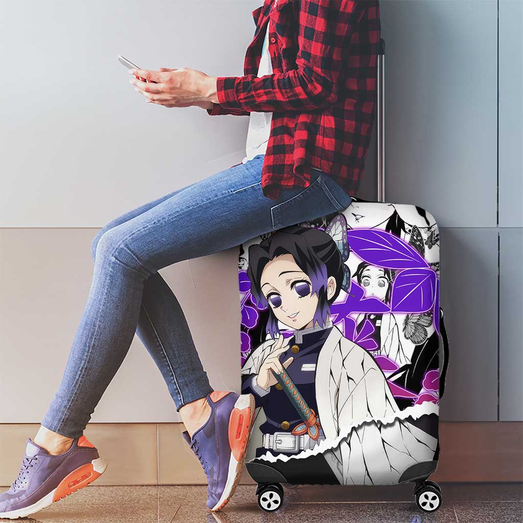Shinobu Kocho Demon Slayer Butterfly Theme Luggage Cover with Purple Accents and Manga Collage Design - The Mazicc
