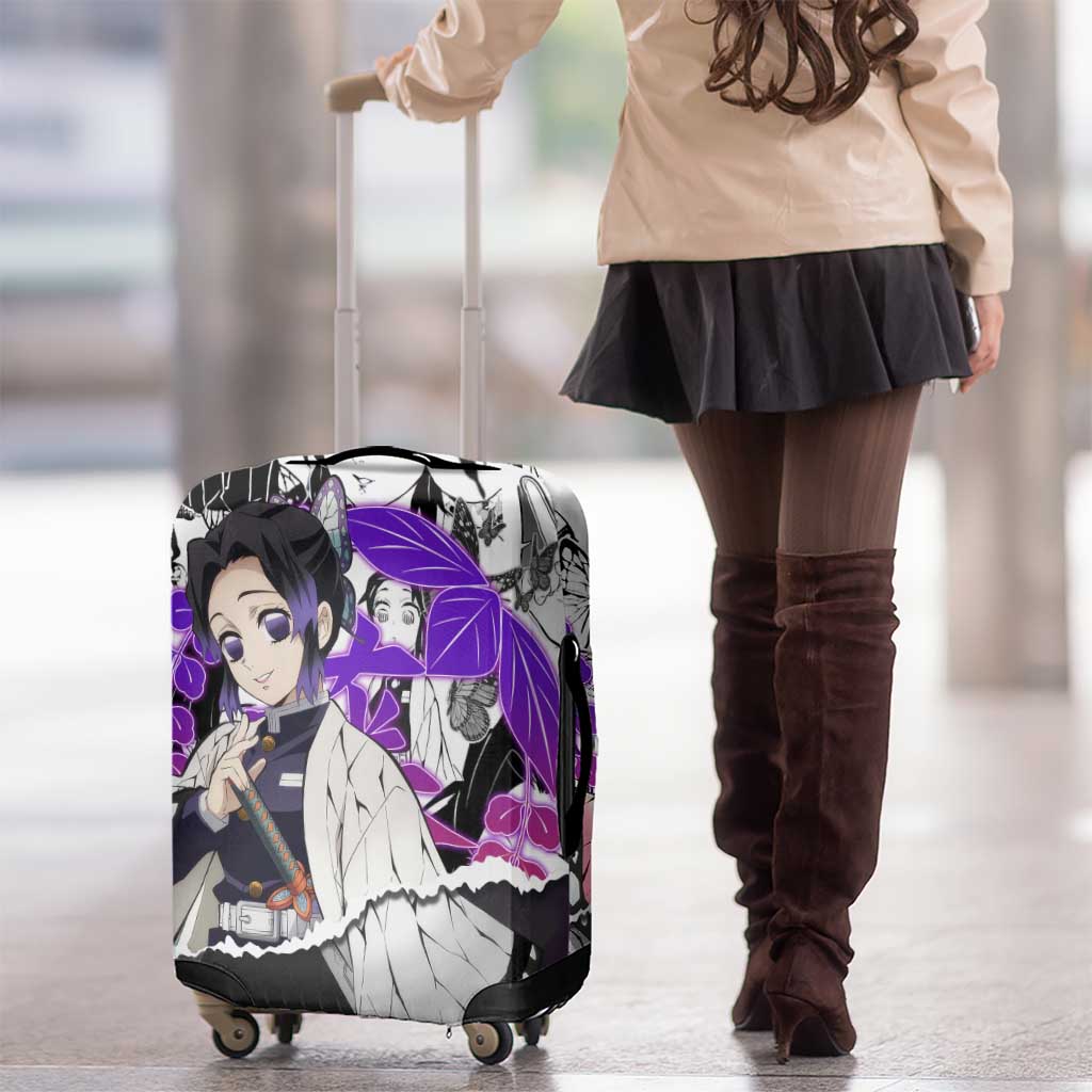 Shinobu Kocho Demon Slayer Butterfly Theme Luggage Cover with Purple Accents and Manga Collage Design - The Mazicc