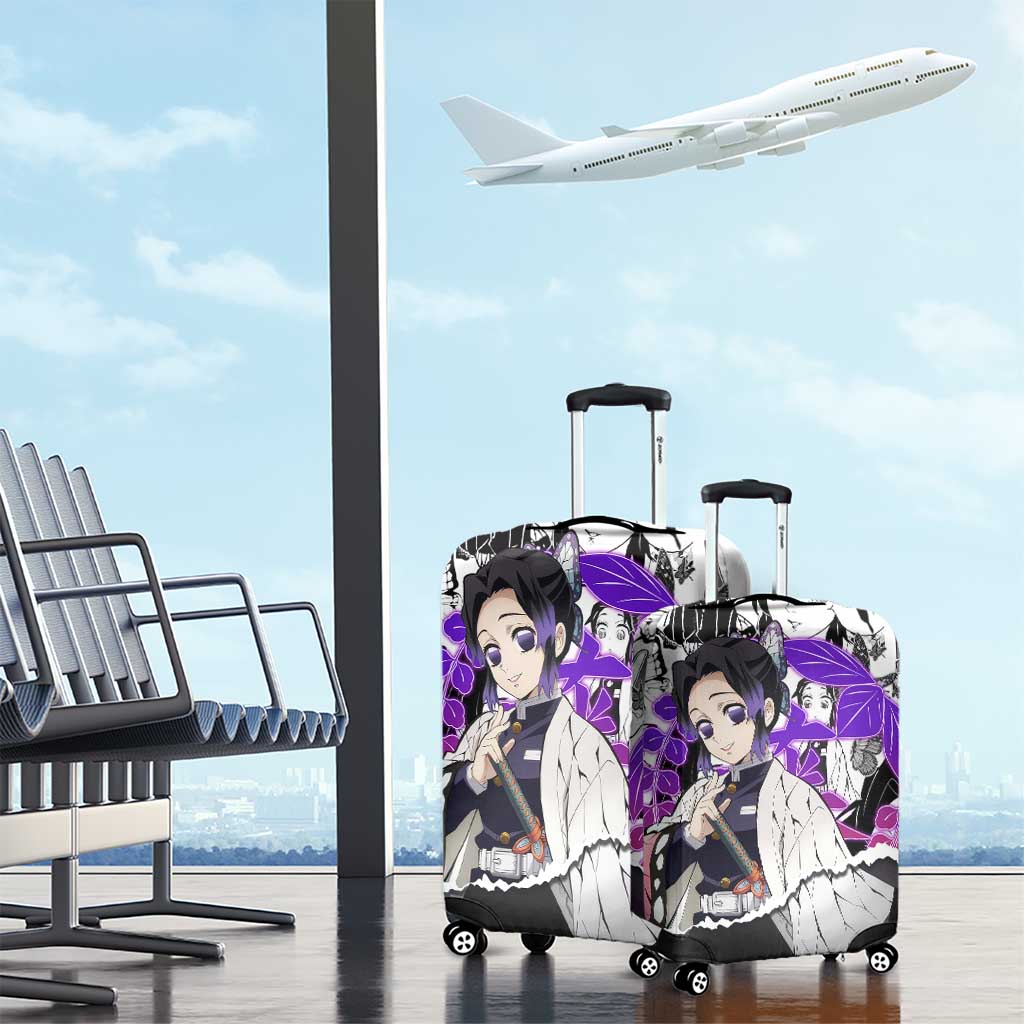 Shinobu Kocho Demon Slayer Butterfly Theme Luggage Cover with Purple Accents and Manga Collage Design - The Mazicc