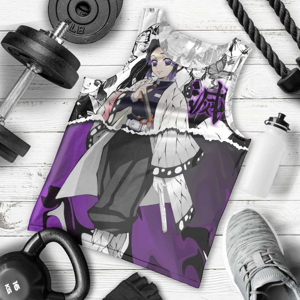 Shinobu Kocho Demon Slayer Butterfly Theme Men Tank Top with Purple Accents and Manga Collage Design - The Mazicc