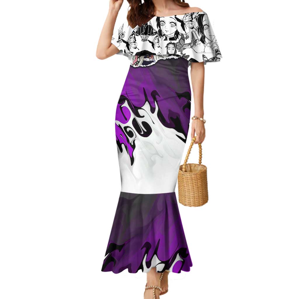 Shinobu Kocho Demon Slayer Butterfly Theme Mermaid Dress with Purple Accents and Manga Collage Design - The Mazicc