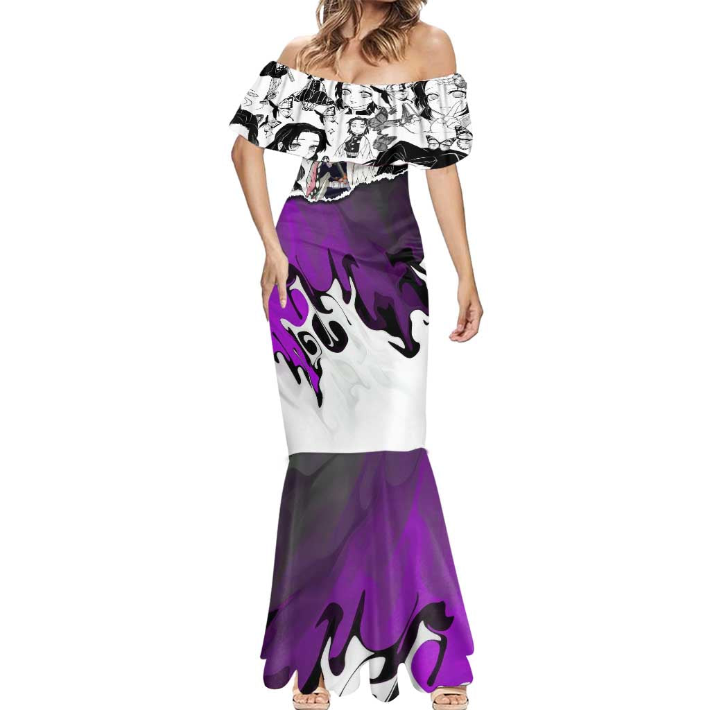 Shinobu Kocho Demon Slayer Butterfly Theme Mermaid Dress with Purple Accents and Manga Collage Design - The Mazicc