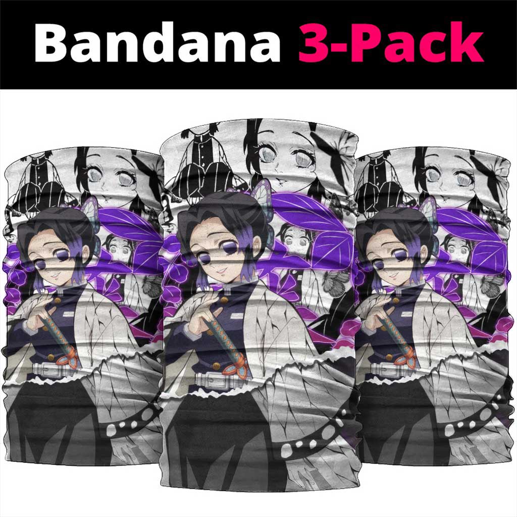 Shinobu Kocho Demon Slayer Butterfly Theme Neck Gaiter with Purple Accents and Manga Collage Design - The Mazicc
