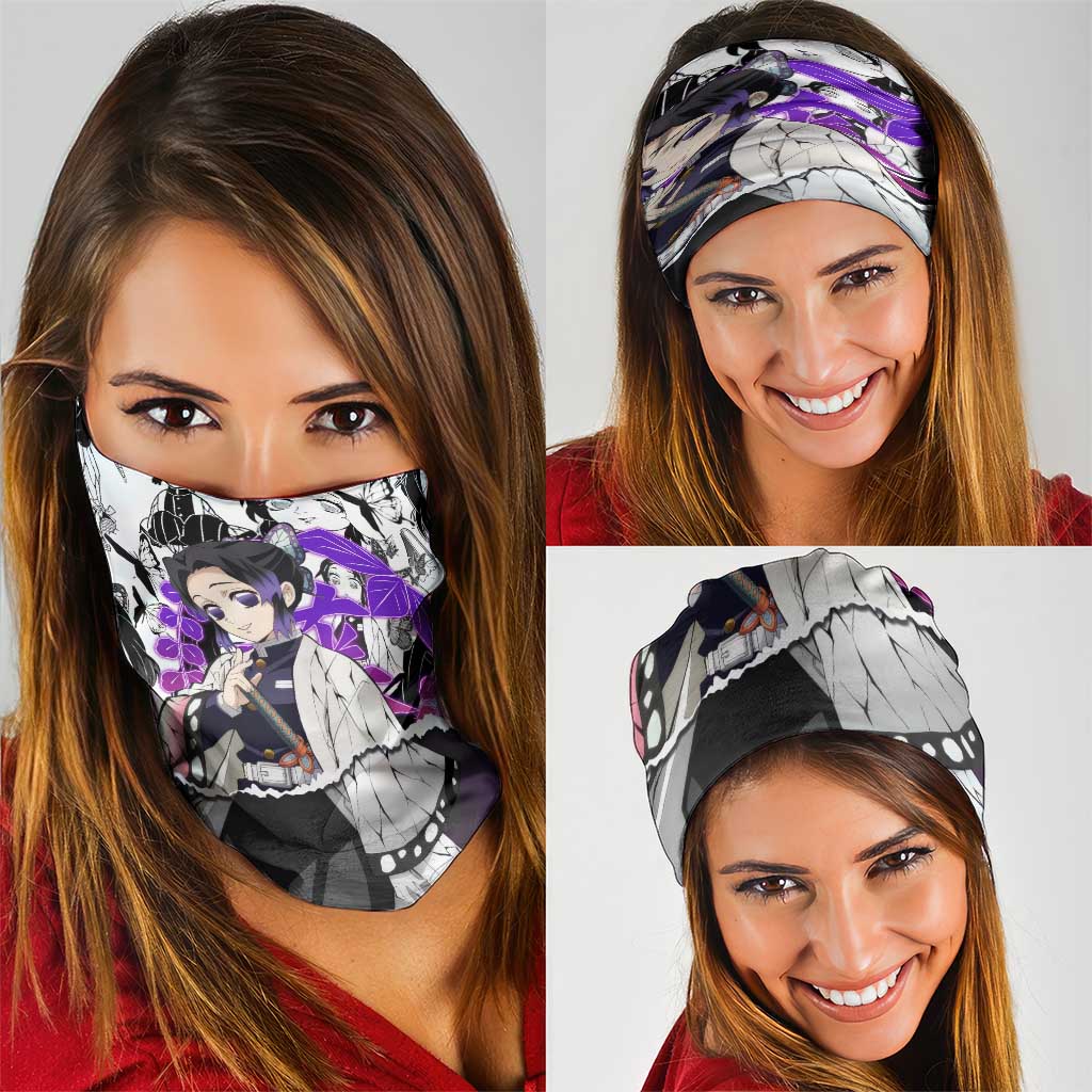 Shinobu Kocho Demon Slayer Butterfly Theme Neck Gaiter with Purple Accents and Manga Collage Design - The Mazicc