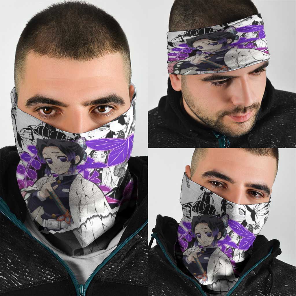 Shinobu Kocho Demon Slayer Butterfly Theme Neck Gaiter with Purple Accents and Manga Collage Design - The Mazicc