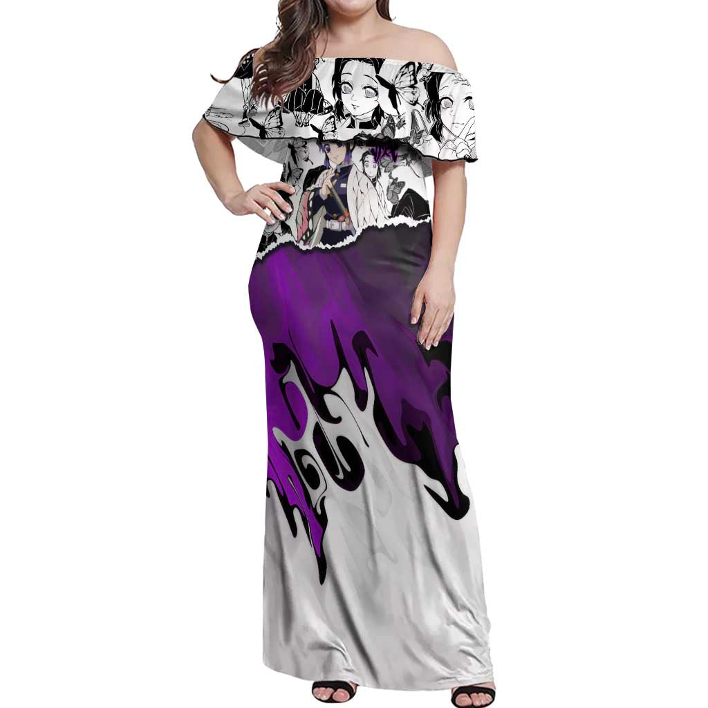 Shinobu Kocho Demon Slayer Butterfly Theme Off Shoulder Maxi Dress with Purple Accents and Manga Collage Design - The Mazicc
