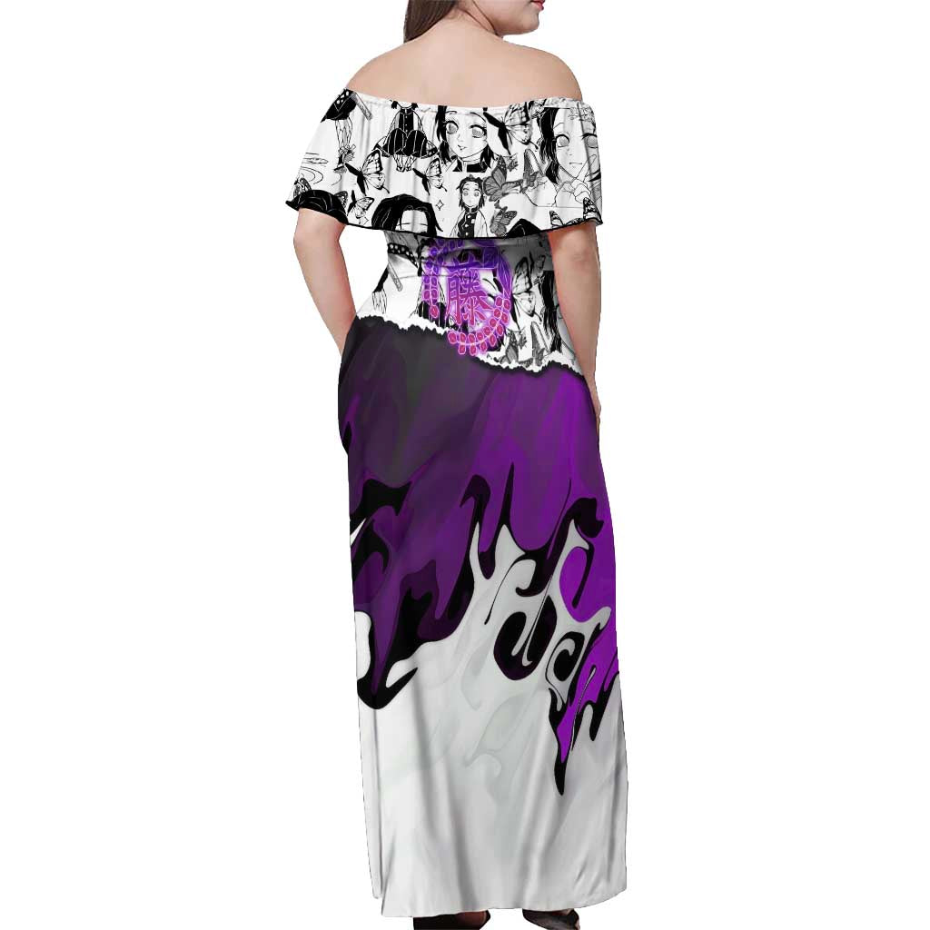 Shinobu Kocho Demon Slayer Butterfly Theme Off Shoulder Maxi Dress with Purple Accents and Manga Collage Design - The Mazicc