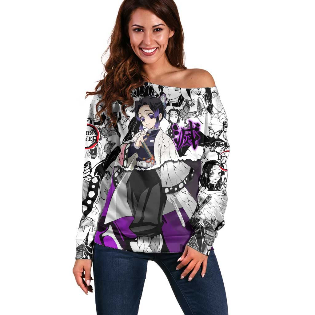 Shinobu Kocho Demon Slayer Butterfly Theme Off Shoulder Sweater with Purple Accents and Manga Collage Design - The Mazicc