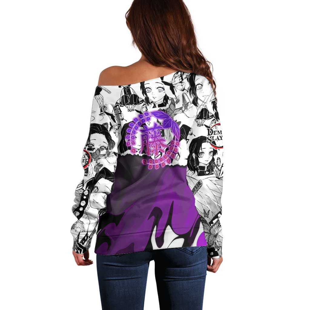 Shinobu Kocho Demon Slayer Butterfly Theme Off Shoulder Sweater with Purple Accents and Manga Collage Design - The Mazicc