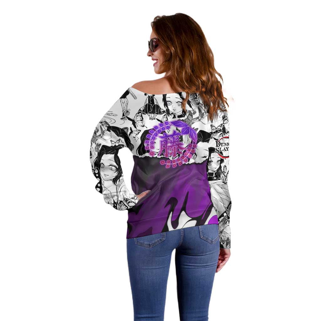 Shinobu Kocho Demon Slayer Butterfly Theme Off Shoulder Sweater with Purple Accents and Manga Collage Design - The Mazicc