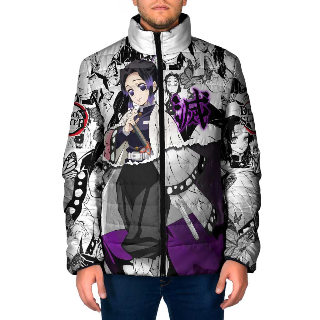 Shinobu Kocho Demon Slayer Butterfly Theme Padded Jacket with Purple Accents and Manga Collage Design - The Mazicc