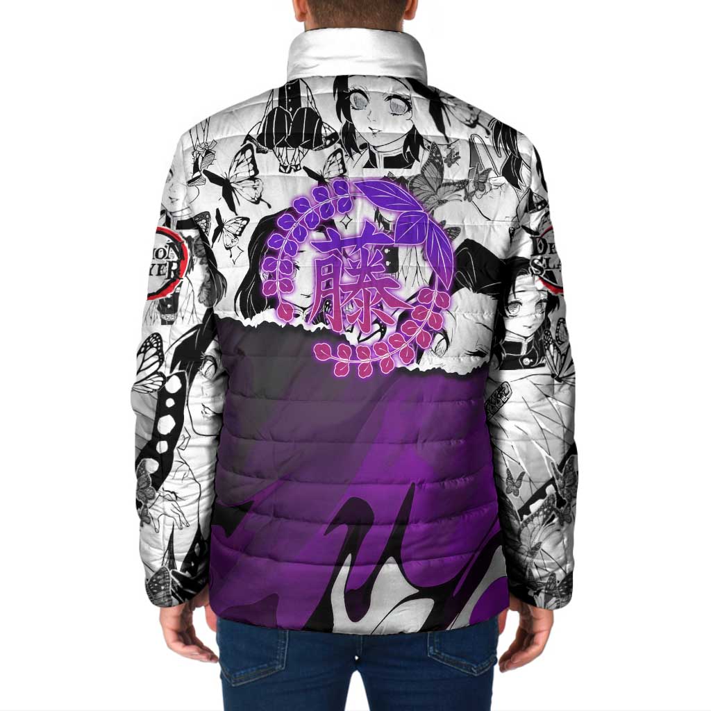 Shinobu Kocho Demon Slayer Butterfly Theme Padded Jacket with Purple Accents and Manga Collage Design - The Mazicc