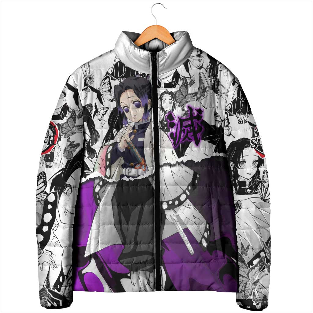 Shinobu Kocho Demon Slayer Butterfly Theme Padded Jacket with Purple Accents and Manga Collage Design - The Mazicc