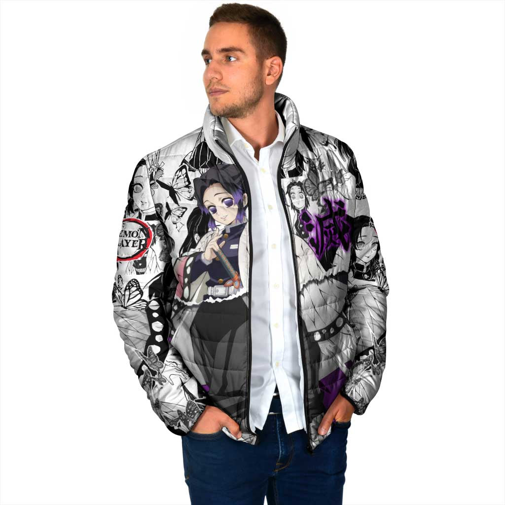Shinobu Kocho Demon Slayer Butterfly Theme Padded Jacket with Purple Accents and Manga Collage Design - The Mazicc