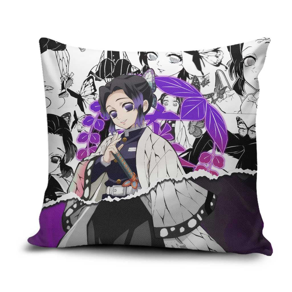 Shinobu Kocho Demon Slayer Butterfly Theme Pillow Cover with Purple Accents and Manga Collage Design - The Mazicc