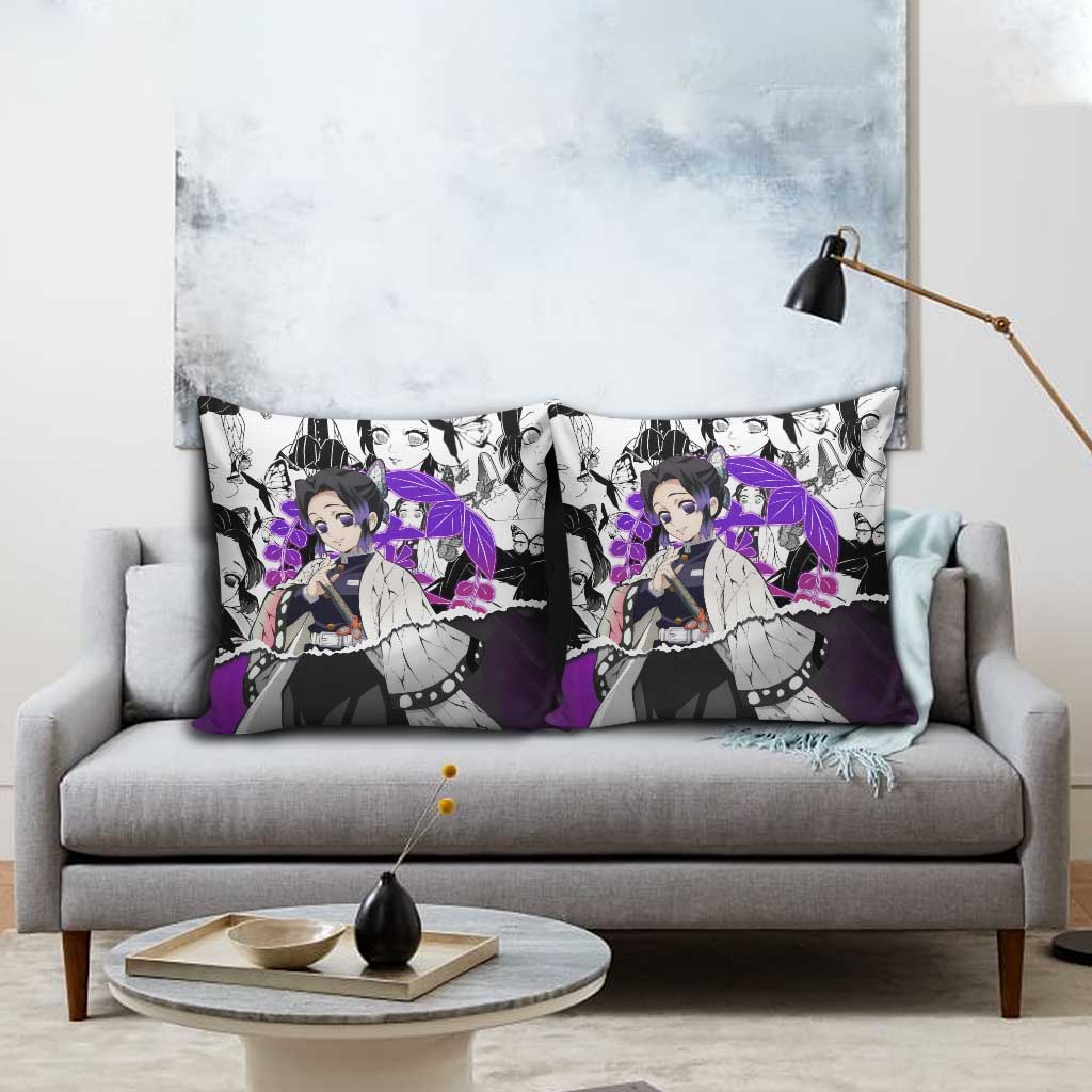 Shinobu Kocho Demon Slayer Butterfly Theme Pillow Cover with Purple Accents and Manga Collage Design - The Mazicc