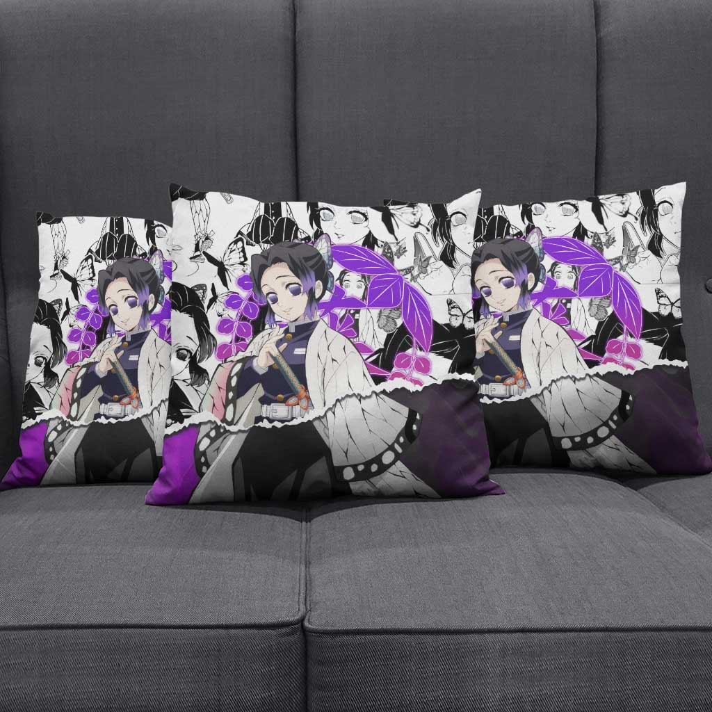 Shinobu Kocho Demon Slayer Butterfly Theme Pillow Cover with Purple Accents and Manga Collage Design - The Mazicc