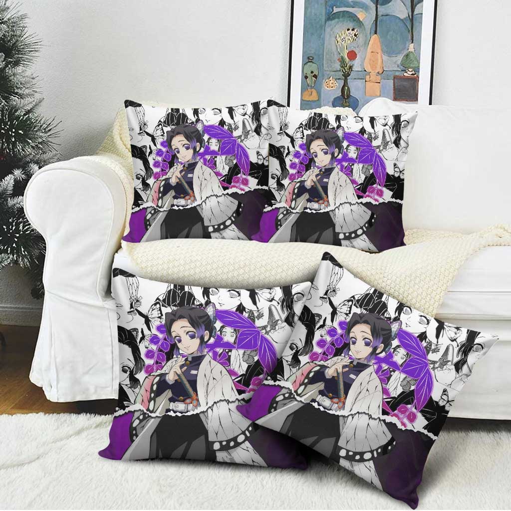 Shinobu Kocho Demon Slayer Butterfly Theme Pillow Cover with Purple Accents and Manga Collage Design - The Mazicc