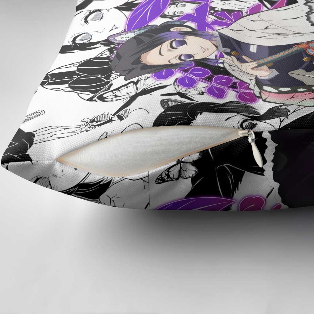 Shinobu Kocho Demon Slayer Butterfly Theme Pillow Cover with Purple Accents and Manga Collage Design - The Mazicc