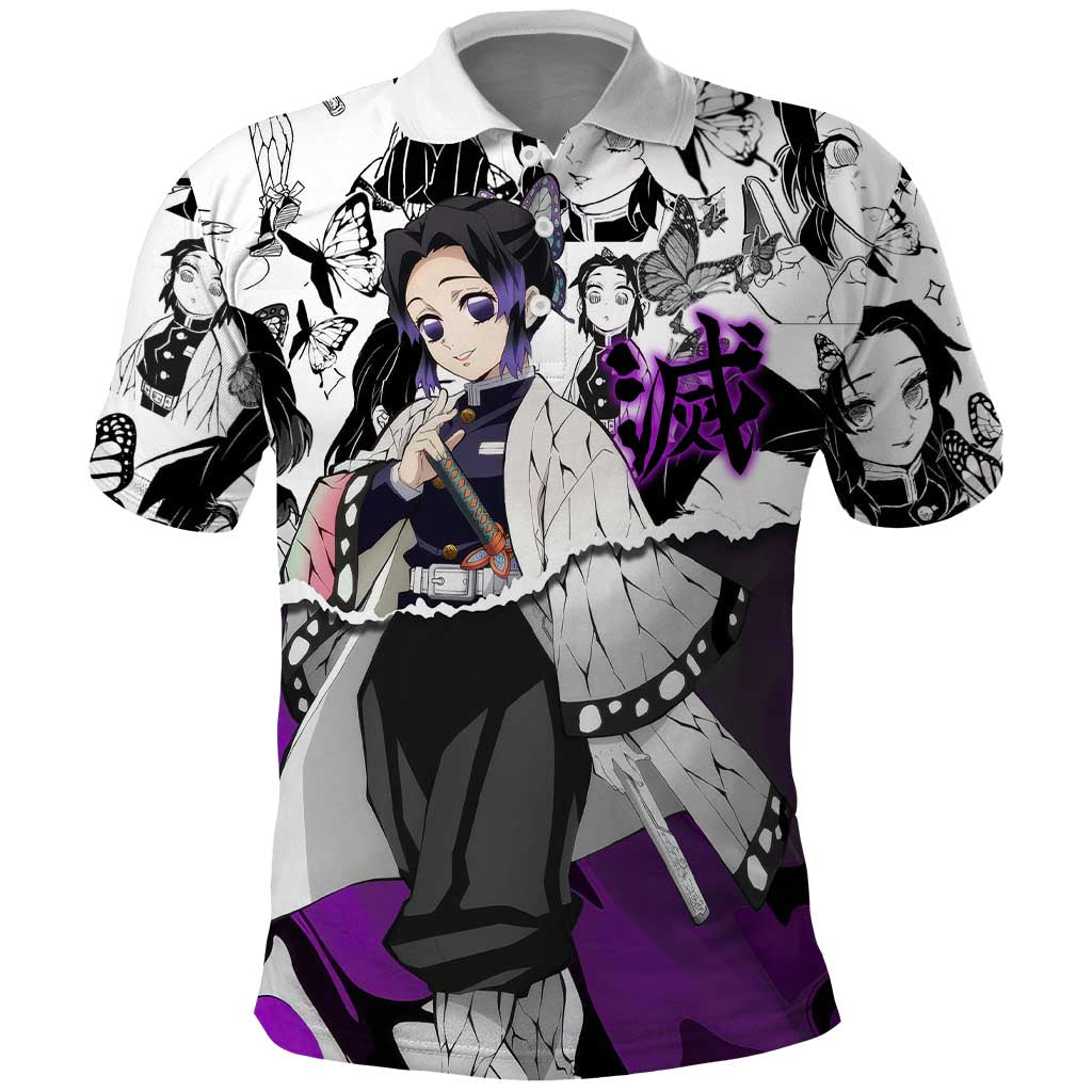 Shinobu Kocho Demon Slayer Butterfly Theme Polo Shirt with Purple Accents and Manga Collage Design - The Mazicc