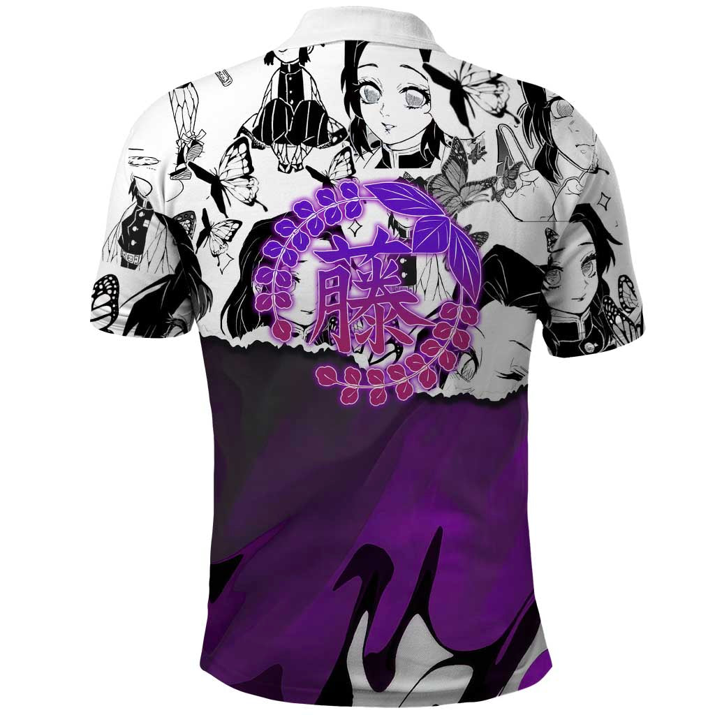 Shinobu Kocho Demon Slayer Butterfly Theme Polo Shirt with Purple Accents and Manga Collage Design - The Mazicc