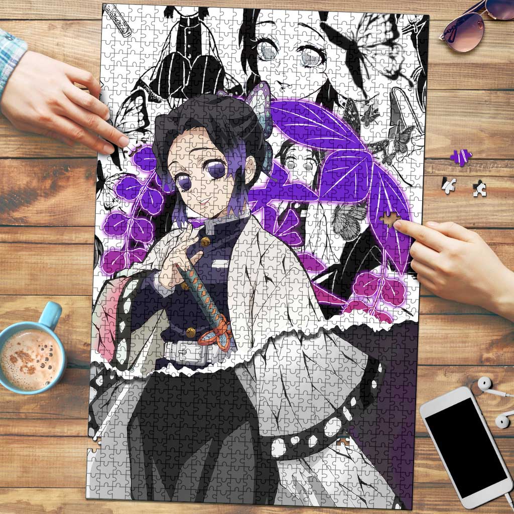 Shinobu Kocho Demon Slayer Butterfly Theme Puzzle with Purple Accents and Manga Collage Design - The Mazicc