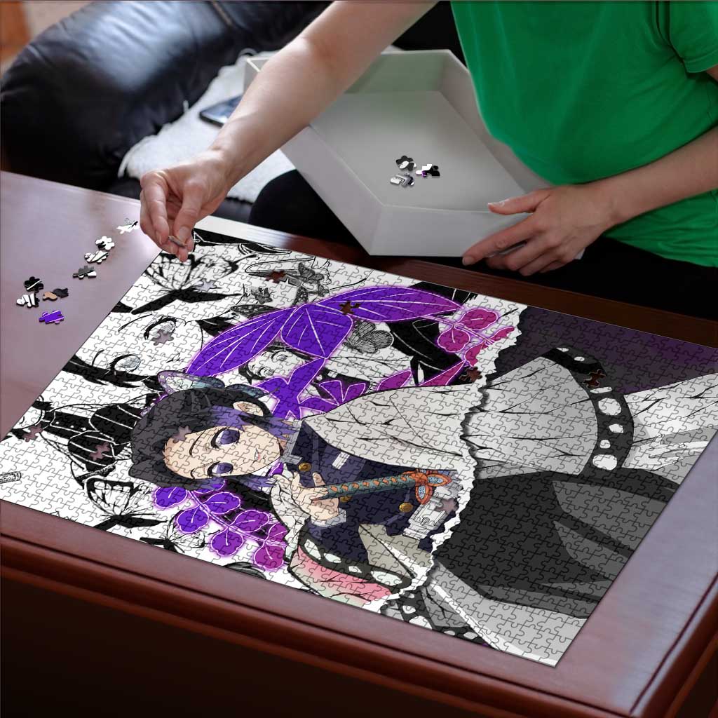 Shinobu Kocho Demon Slayer Butterfly Theme Puzzle with Purple Accents and Manga Collage Design - The Mazicc