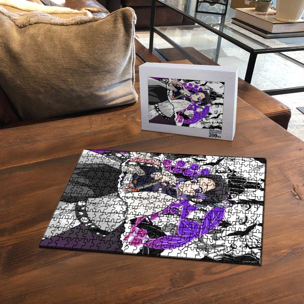 Shinobu Kocho Demon Slayer Butterfly Theme Puzzle with Purple Accents and Manga Collage Design - The Mazicc