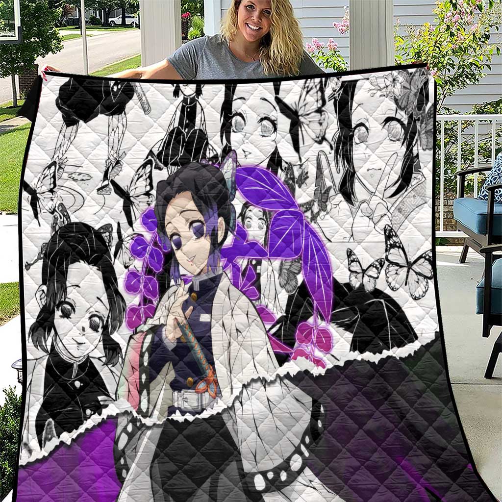 Shinobu Kocho Demon Slayer Butterfly Theme Quilt with Purple Accents and Manga Collage Design - The Mazicc