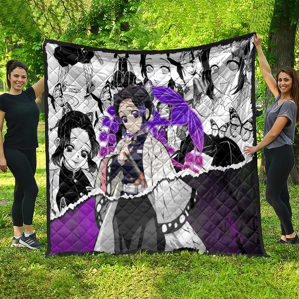 Shinobu Kocho Demon Slayer Butterfly Theme Quilt with Purple Accents and Manga Collage Design - The Mazicc