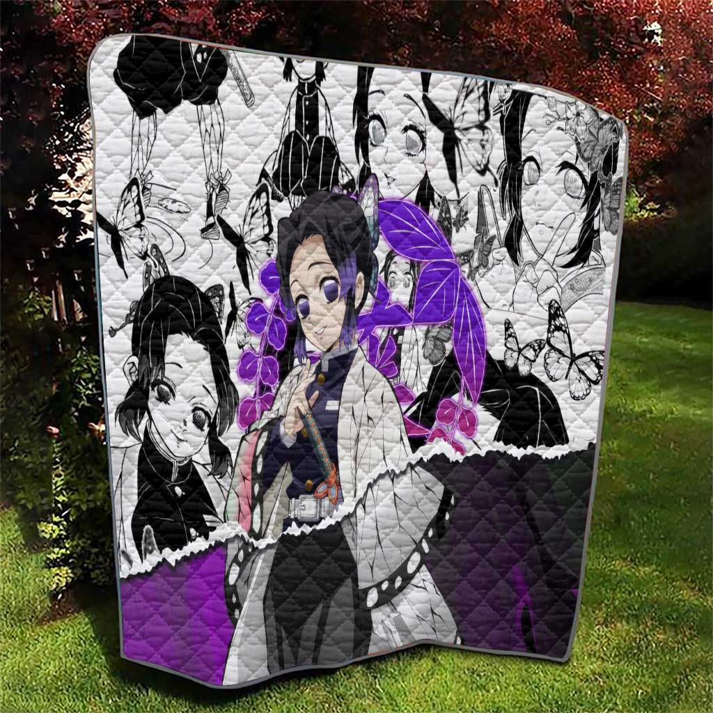 Shinobu Kocho Demon Slayer Butterfly Theme Quilt with Purple Accents and Manga Collage Design - The Mazicc