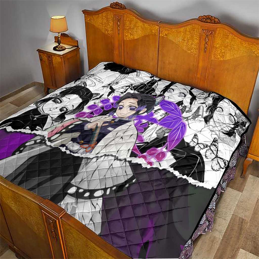 Shinobu Kocho Demon Slayer Butterfly Theme Quilt with Purple Accents and Manga Collage Design - The Mazicc
