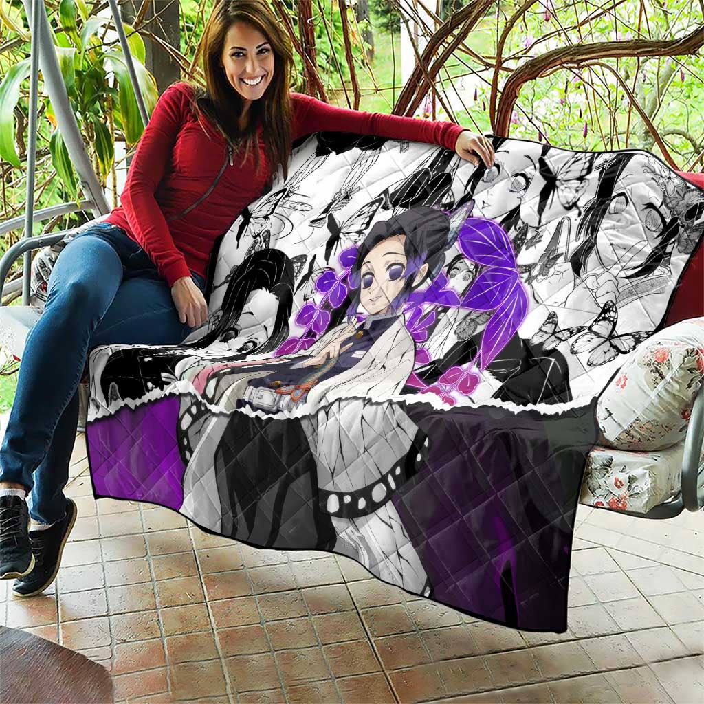 Shinobu Kocho Demon Slayer Butterfly Theme Quilt with Purple Accents and Manga Collage Design - The Mazicc