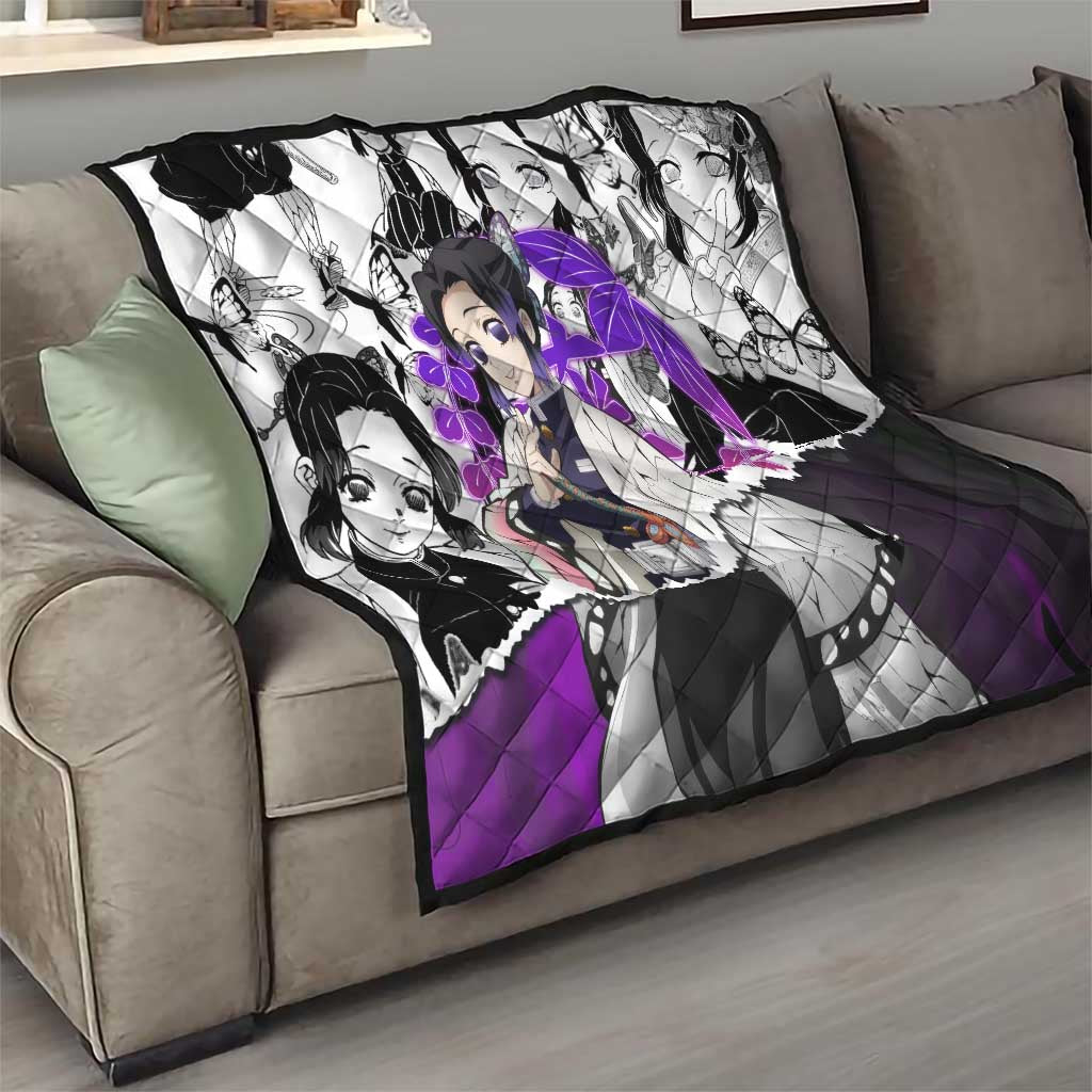 Shinobu Kocho Demon Slayer Butterfly Theme Quilt with Purple Accents and Manga Collage Design - The Mazicc