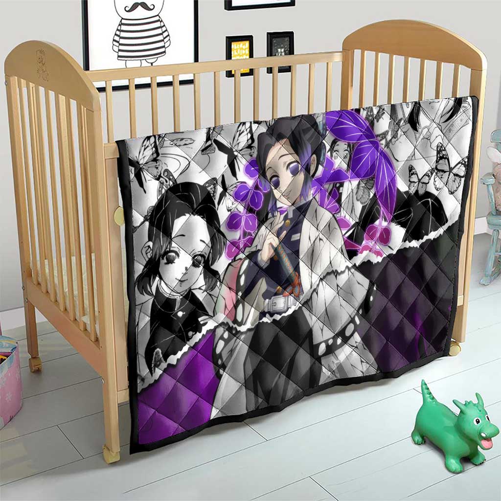 Shinobu Kocho Demon Slayer Butterfly Theme Quilt with Purple Accents and Manga Collage Design - The Mazicc