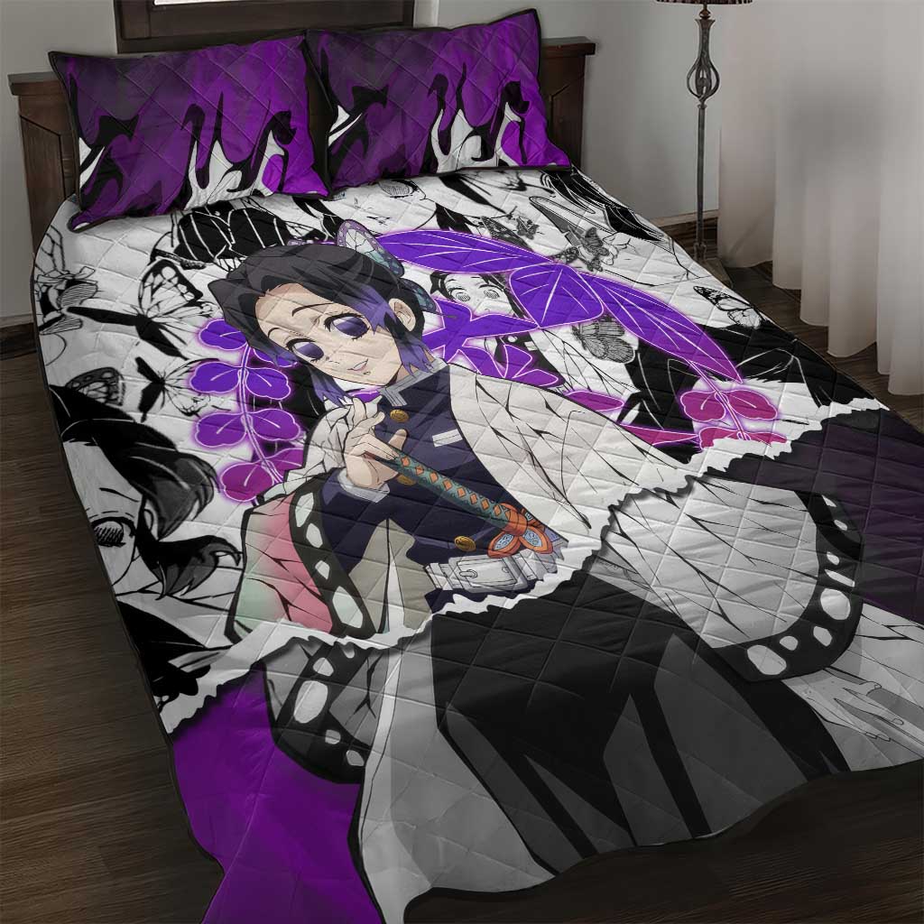 Shinobu Kocho Demon Slayer Butterfly Theme Quilt Bed Set with Purple Accents and Manga Collage Design - The Mazicc