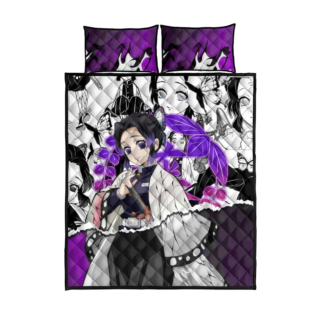 Shinobu Kocho Demon Slayer Butterfly Theme Quilt Bed Set with Purple Accents and Manga Collage Design - The Mazicc