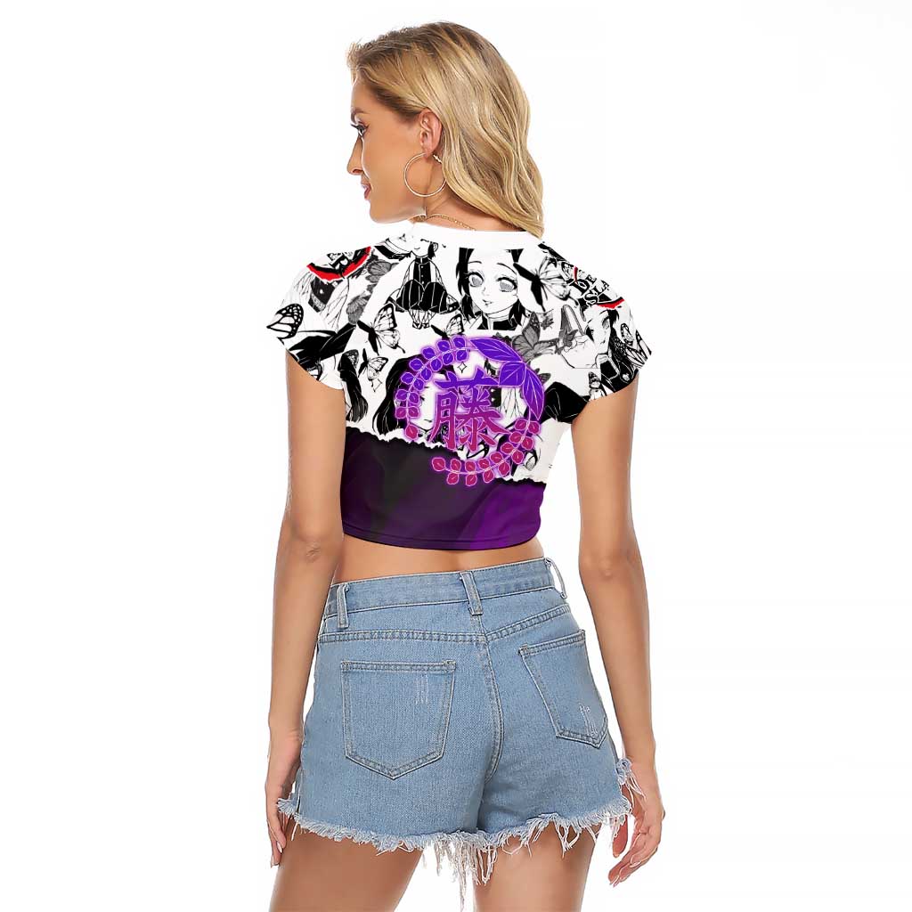 Shinobu Kocho Demon Slayer Butterfly Theme Raglan Cropped T Shirt with Purple Accents and Manga Collage Design - The Mazicc