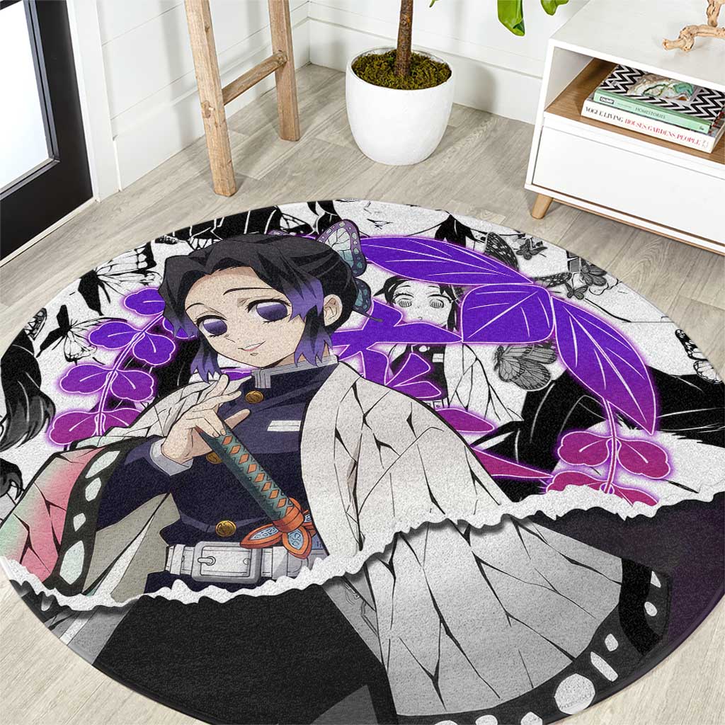Shinobu Kocho Demon Slayer Butterfly Theme Round Carpet with Purple Accents and Manga Collage Design - The Mazicc