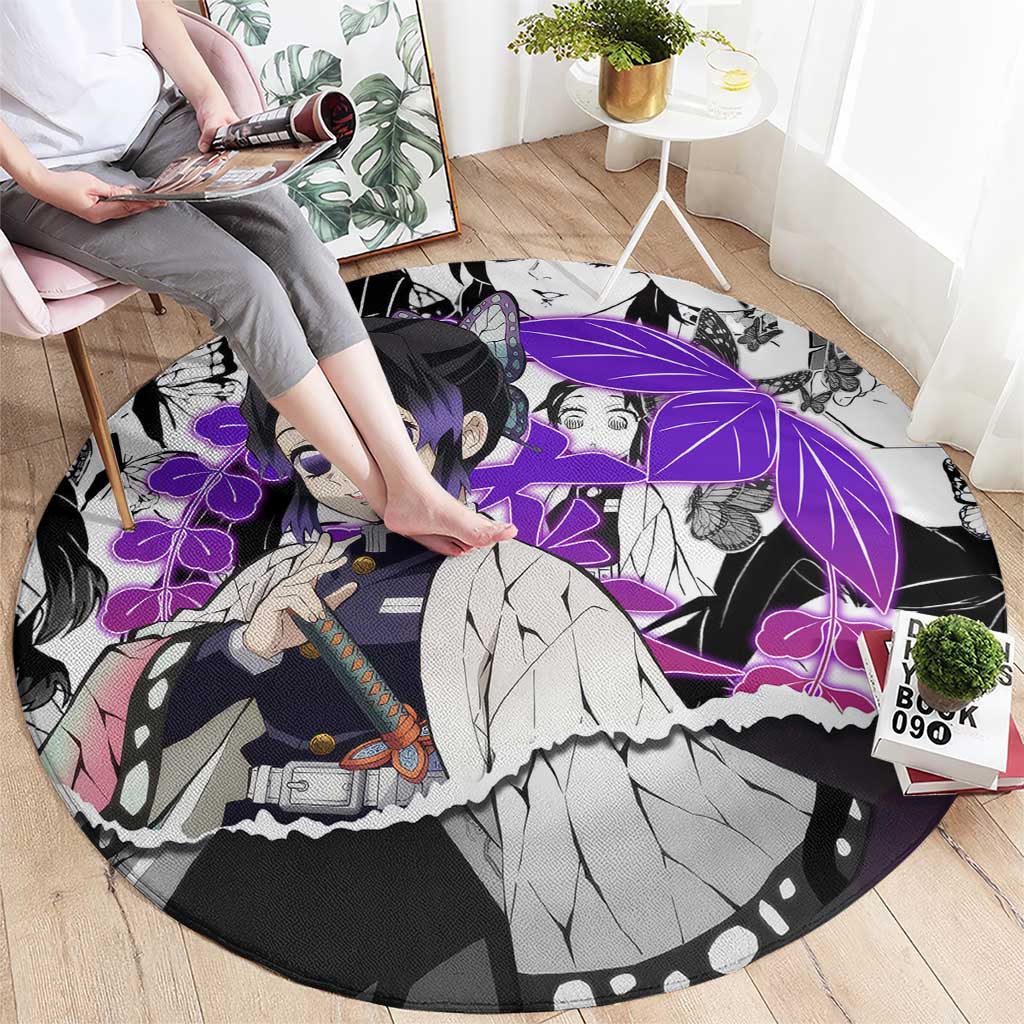 Shinobu Kocho Demon Slayer Butterfly Theme Round Carpet with Purple Accents and Manga Collage Design - The Mazicc